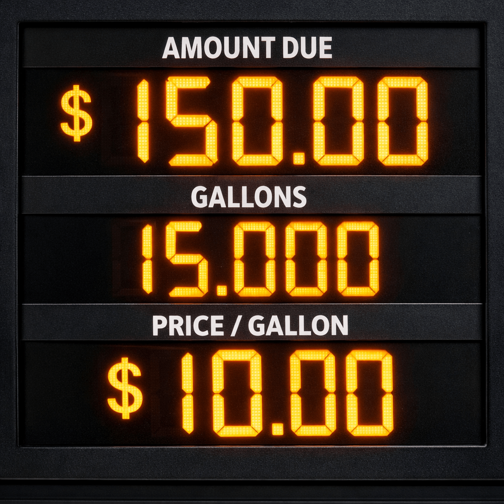 Fuel pump display showing $150.00 amount due, 15.000 gallons, and $10.00 price per gallon