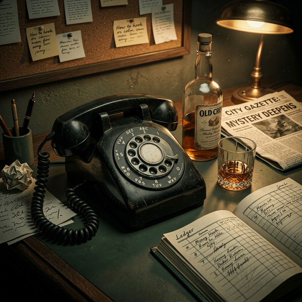 Rotary telephone, whiskey bottle and glass, ledger, and newspaper on desk