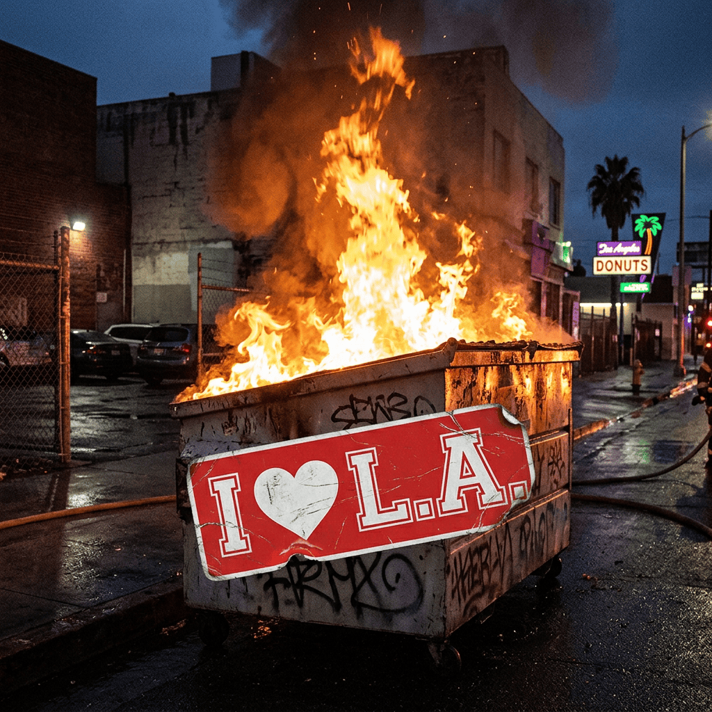 Burning graffiti-covered dumpster with an I heart LA sign